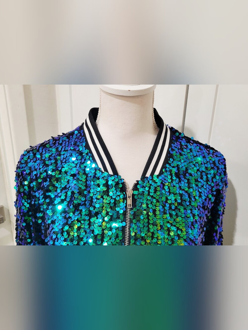 Blue/Green Sequined Zip Front Bomber Jacket | Size Large - Picture 3 of 7